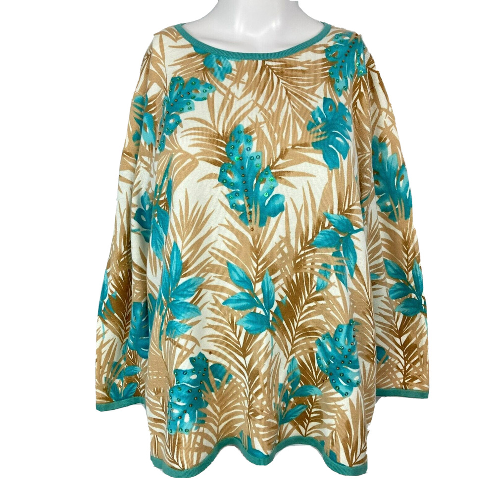 Alfred Dunner Sweater Womens Sz M Ivory Aqua Tropical Beaded Pullover